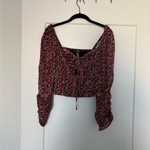 Aqua Red Crop Tie Front Blouse